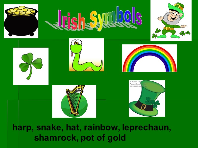 Irish Symbols harp, snake, hat, rainbow, leprechaun,       